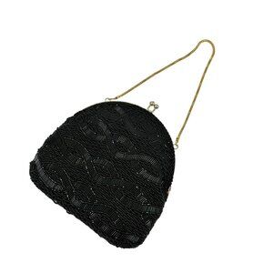 Walborg Black Beaded Handbag Bag Purse & Chain Made in Hong Kong Vintage 1960s